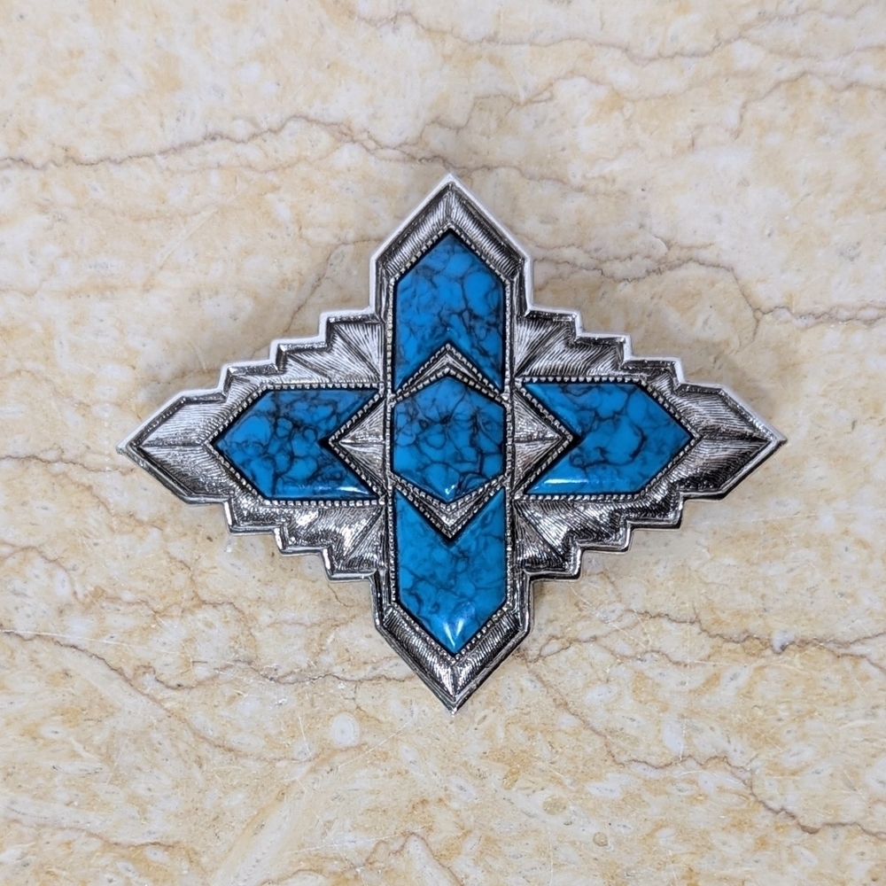 Vintage Sarah Coventry Southwestern Turquoise Silver Tone Inca Brooch Pin